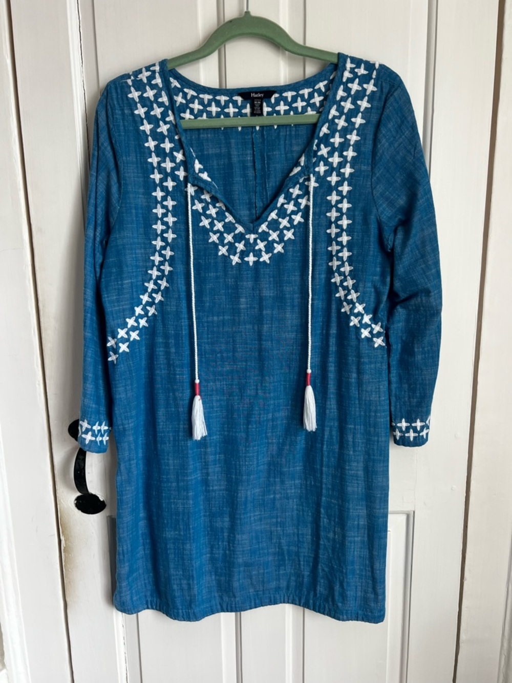 Hatley Blue Embroidered Midi Tunic Dress with White Tassels